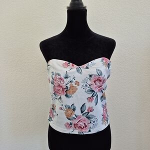 SHEIN White Strapless Floral Bustier Cami with Pink Roses